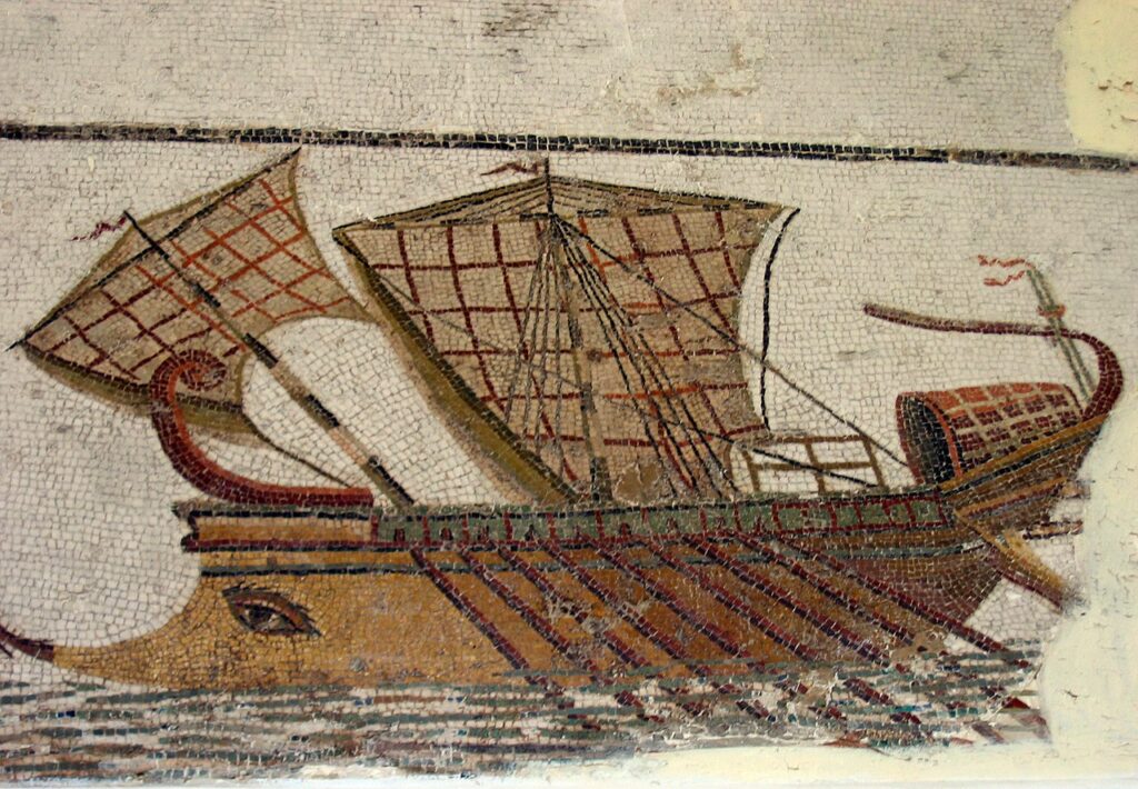 A Roman mosaic from Tunisia showing a trireme vessel during the Roman Empire