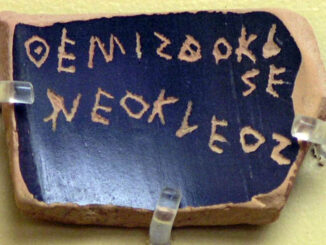 A ballot voting against Themistocles, son of Neocles, under the Athenian Democracy (see ostracism) Inscription: ΘΕΜΙΣΘΟΚΛΕΣ ΝΕΟΚΛΕΟΣ (classical standard Θεμιστοκλῆς Νεοκλέους Themistoklês Neokléous). The text is an example of the epichoric alphabet; note that the last two letters of Themistocles are written in a boustrophedon manner and that Ε and Ο are used for both long and short e and o.