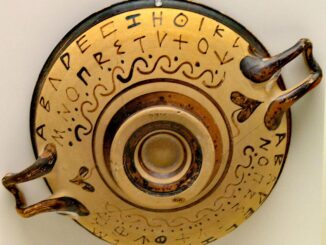 Attic black-figure vessel with double alphabet inscription, showing new letters ΥΧ[Φ]Ψ, and ΥΧΦΨΩ. Probably early 6th c. BC