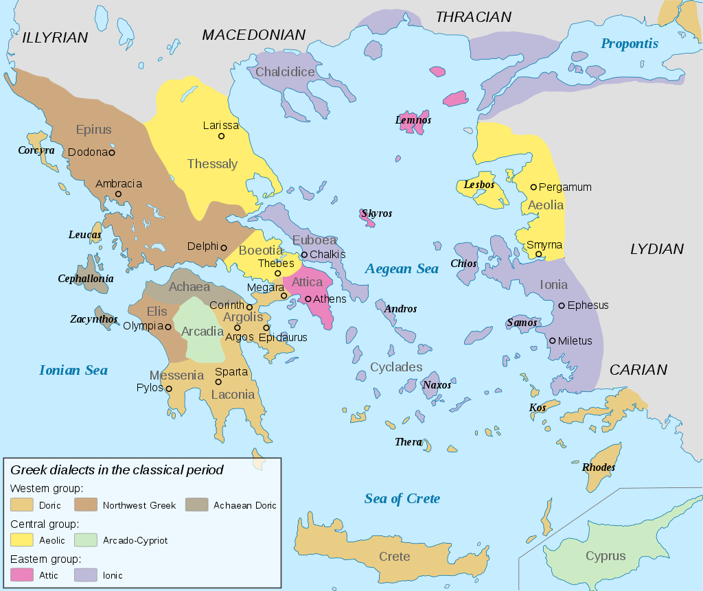 Distribution of Greek dialects in Greece in the classical period.