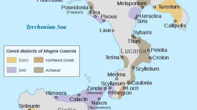 Distribution of Greek dialects in Magna Graecia (Southern Italy and Sicily) in the classical period