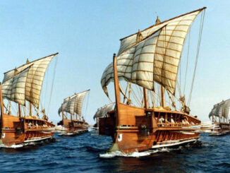 Fleet of triremes made up of photographs of the modern full-sized replica Olympias