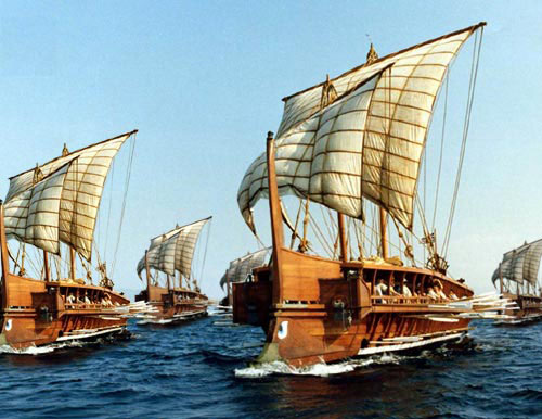 Fleet of triremes made up of photographs of the modern full-sized replica Olympias