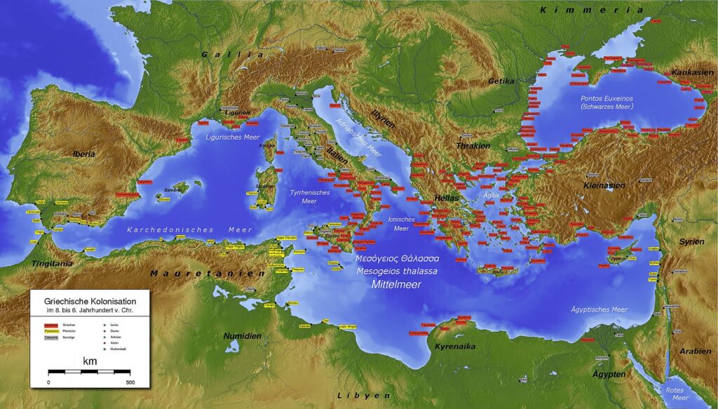 Greek (red) and Phoenician (yellow) colonies in antiquity c. the 6th century BC