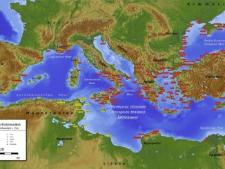 Greek (red) and Phoenician (yellow) colonies in antiquity c. the 6th century BC