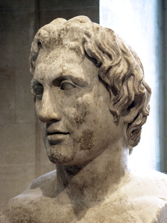 Herma of Alexander (Roman copy of a 330 BC statue by Lysippus, Louvre Museum). According to Diodorus, the Alexander sculptures by Lysippus were the most faithful.