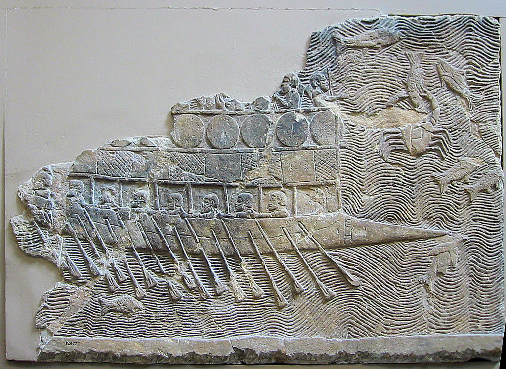Phoenician warship with two rows of oars, relief from Nineveh, ca. 700 BC