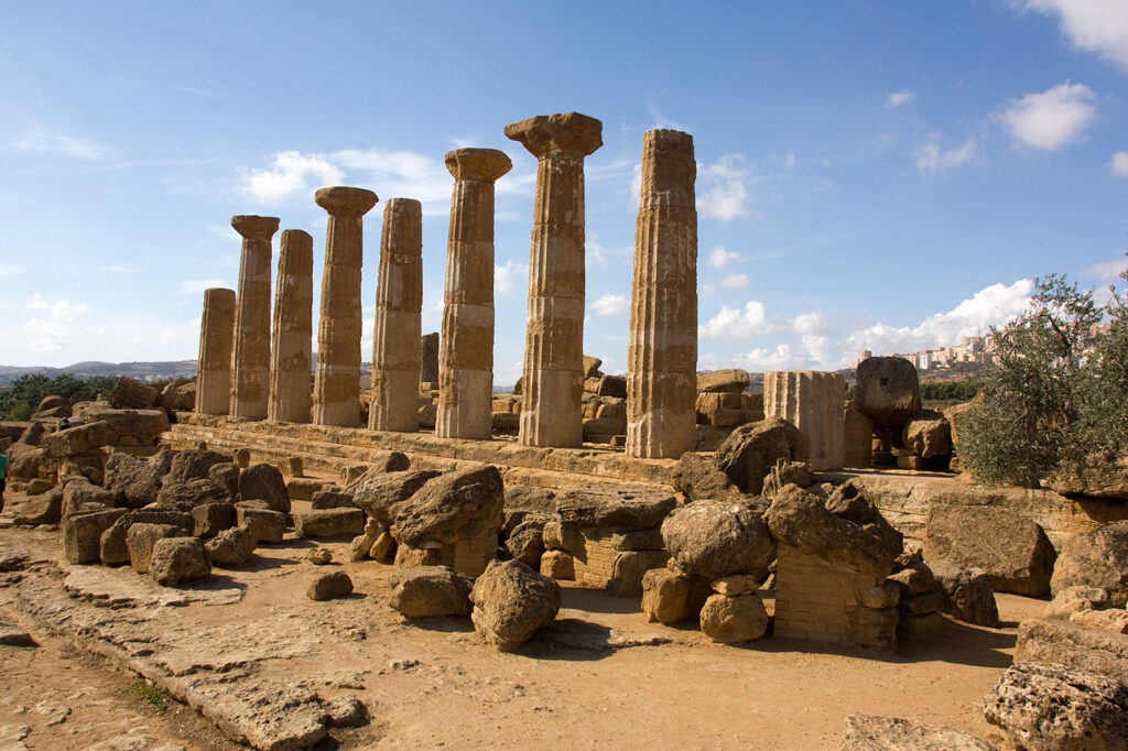 Ruins of the Temple of Heracles, Agrigento, Sicily, within the Valle dei Templi, built in the late 6th century BC during the late archaic period