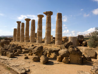 Ruins of the Temple of Heracles, Agrigento, Sicily, within the Valle dei Templi, built in the late 6th century BC during the late archaic period