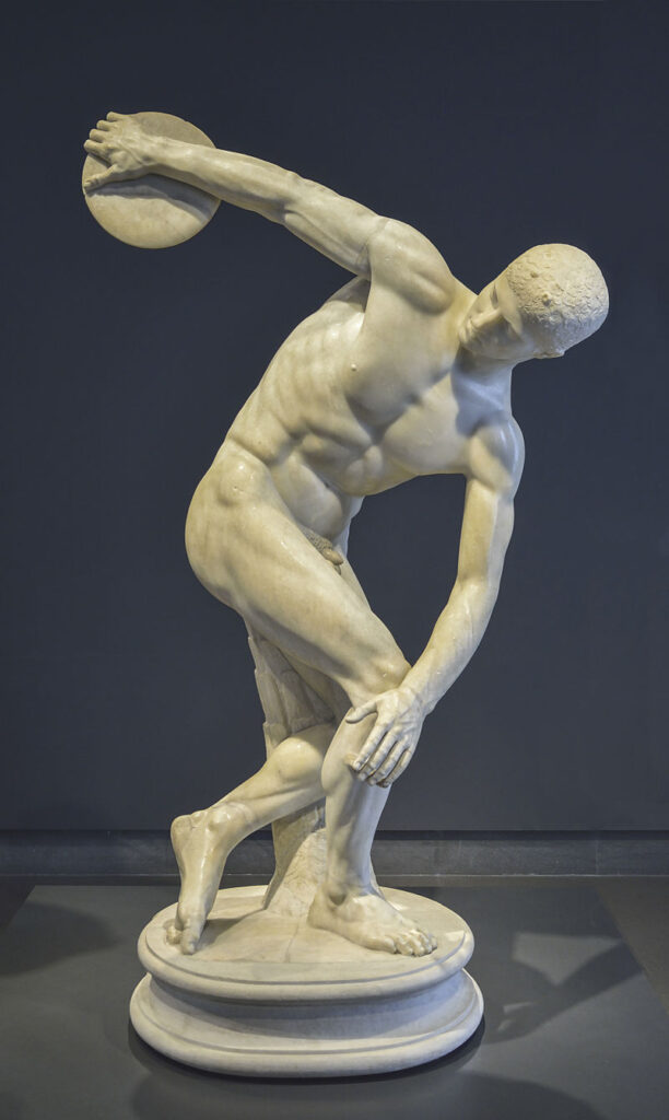 The Discobolus is a copy of a Greek statue c. 5th century BC. It represents an ancient Olympic discus thrower