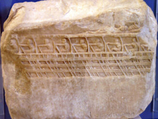 The Lenormant Relief, from the Athenian Acropolis, depicting the rowers of an aphract Athenian trireme, ca. 410 BC. Found in 1852, it is one of the main pictorial testaments to the layout of the trireme.