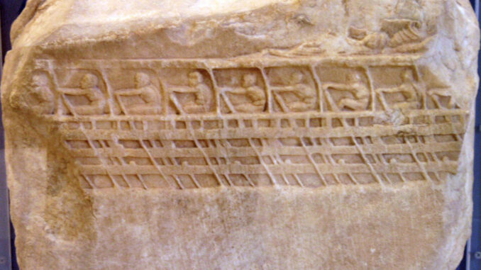 The Lenormant Relief, from the Athenian Acropolis, depicting the rowers of an aphract Athenian trireme, ca. 410 BC. Found in 1852, it is one of the main pictorial testaments to the layout of the trireme.