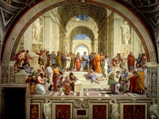 The School of Athens (1509–1511) by Raphael, depicting famous classical Greek philosophers in an idealized setting inspired by ancient Greek architecture