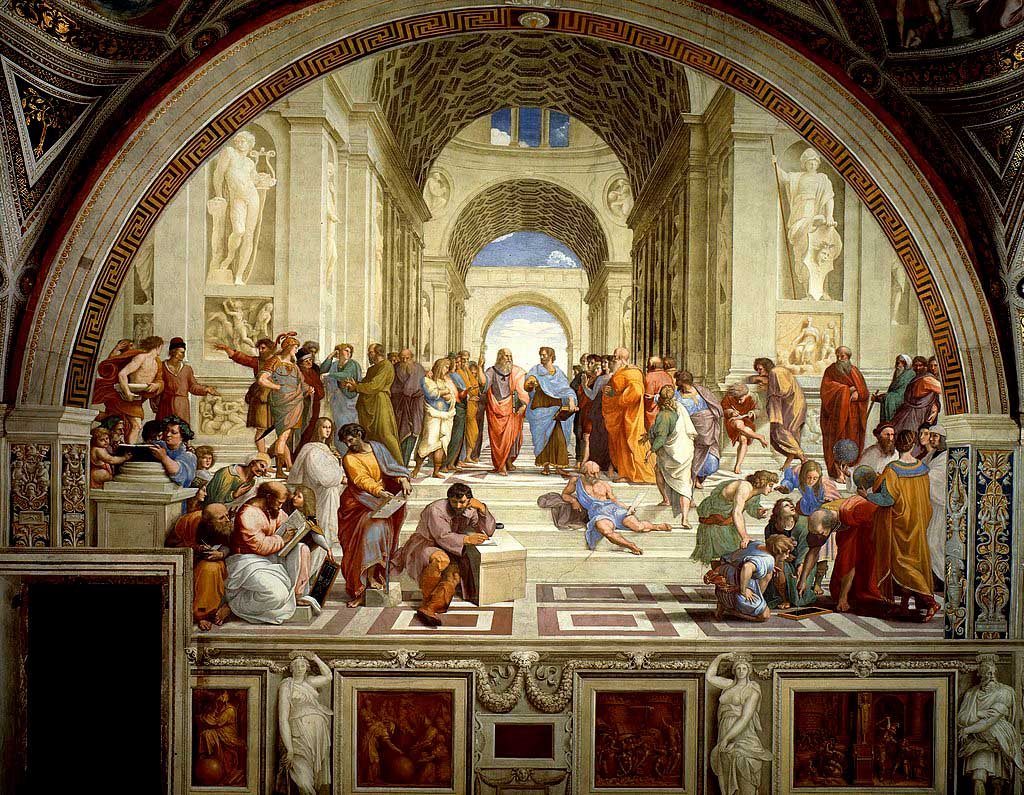 The School of Athens (1509–1511) by Raphael, depicting famous classical Greek philosophers in an idealized setting inspired by ancient Greek architecture