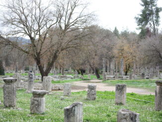 The gymnasium and palaestra at Olympia, the site of the ancient Olympic games. The archaic period conventionally dates from the first Olympiad.