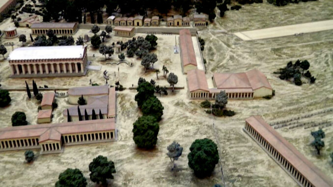 This model shows the site of Olympia, home of the ancient Olympic Games, as it looked around 100 BC. British Museum